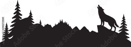 Howling wolf silhouette standing on a rock with pine trees and mountains vector illustration