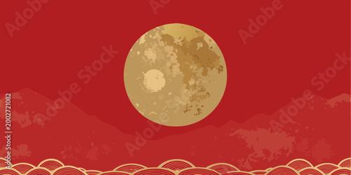 full moon illustration with mountains and clouds red background