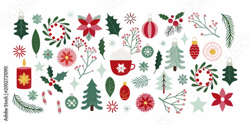 festive holiday illustrations with christmas ornaments and botanical elements