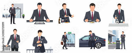 Businessman Character Set in Flat Design: Professional Daily Activities, Dining, and Travel Illustration