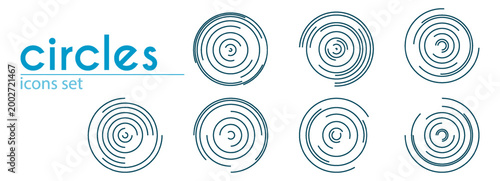 Teal concentric circle icons set. Outlined rings radiating from center with broken segments. Ripple wave effect, radial sound pulse. Logo icon, abstract design, shockwave graphic. Vector.
