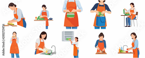 Woman in Orange Apron Preparing and Packing Healthy Lunch Box Flat Vector Illustration Set