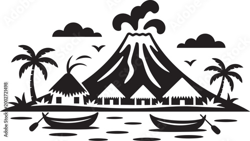 Tropical island landscape with volcano huts palm trees and boats vector illustration with palm