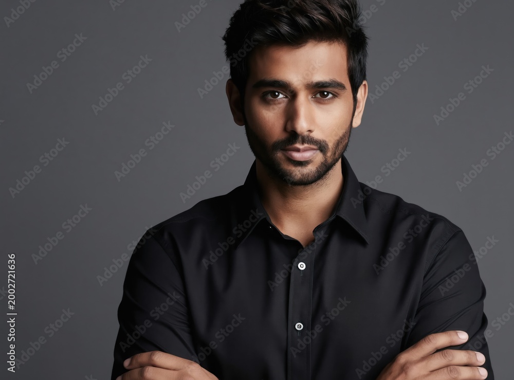 Fototapeta premium Young Indian man with beard arms crossed in black shirt. Confident male studio portrait, grey background. Attractive person, direct gaze, professional look, modern style.