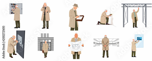 Set of Senior Building Inspector and Property Manager Character Illustrations in Various Professional Scenarios
