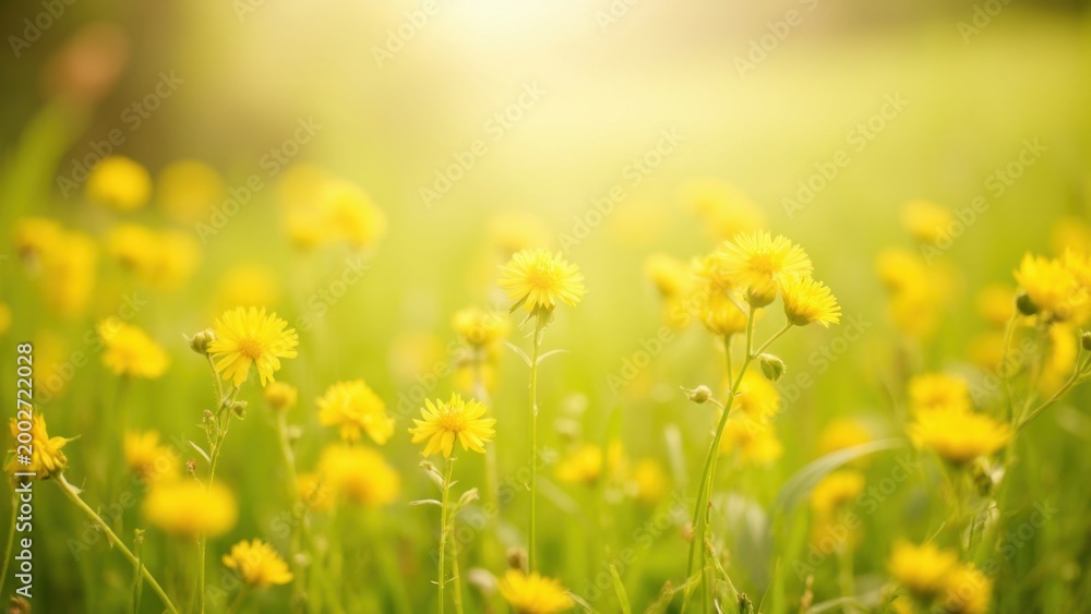 Obraz premium Bright yellow dandelions in a field with green grass.