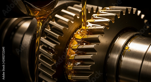 Close-up of Lubricated Gears in Motion with Golden Oil Drip.