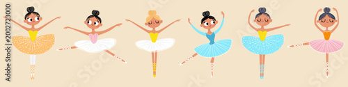 Vector collection of cute dancers. Beautiful ballerina princesses dancing on white background. Vector illustration