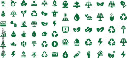  Collection of eco friendly and renewable energy icons in black on white background