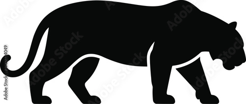 Black silhouette of a large predatory cat walking, isolated on a white background, of a panther or tiger in profile view, minimalist animal shape for or branding