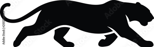 Black silhouette of a large predatory cat crouching or stalking, isolated on a white background, of a panther or tiger in profile view, minimalist animal shape for