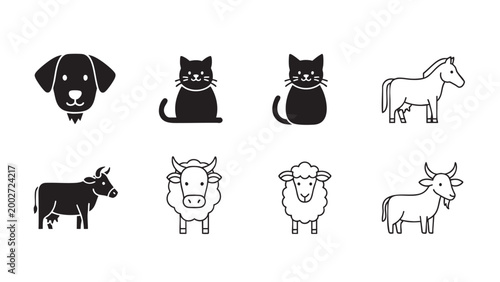 Vászonkép Various domestic animals depicted as simple black vector icons.