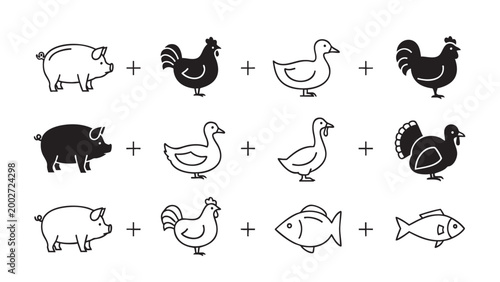 Diverse collection of outline farm animal and fish icons