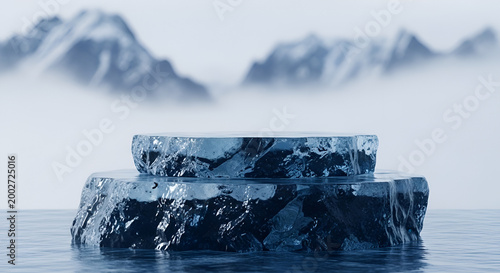 Abstract Iceberg Podium Floating on Water with Misty Mountains Background.