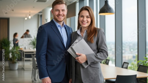 Professionals in business attire with document, posing for corporate image.