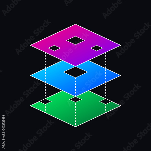 Abstract isometric illustration of three colorful data layers representing cloud computing server architecture and stack