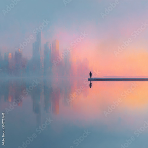 Blurry dreamy cityscape with soft pastel colors and solitary figure standing on pier reflecting calm water at sunset