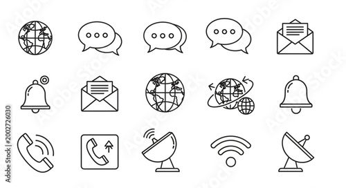 Black line icons of communication symbols.