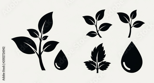 Black leaf plant icons with drops.