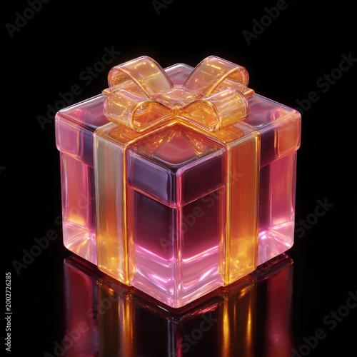 Transparent gift box with glowing orange ribbon and bow, reflecting on black surface, festive and elegant present design