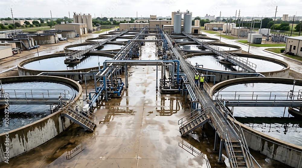 Obraz premium Industrial Water Treatment Facility with Large Circular Clarifiers and Pipelines in Outdoor Setting