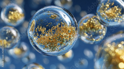 Glass sphere with golden particles floating in blue background, shiny and elegant abstract design with sparkling details