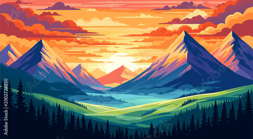 Vibrant vector illustration of a majestic mountain landscape at sunset, showcasing stunning natural beauty and colorful skies