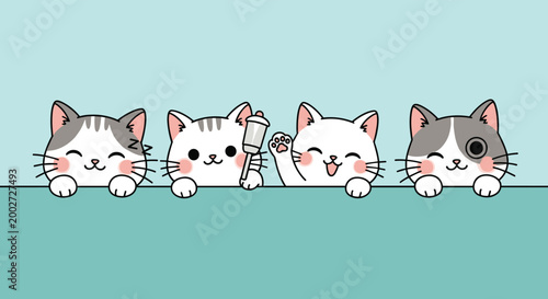 Group of four different colorful kittens peeking curiously over a horizontal line against a light blue background.