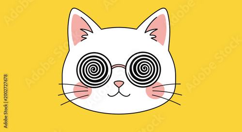 Funky illustration of a white cat wearing glasses with hypnotic black and white spiral patterns on a yellow backdrop.