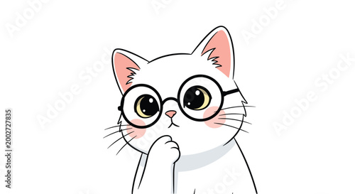 Charming illustration of a small white cat wearing large round black glasses and holding a paw to its chin in a deep thoughtful pose.