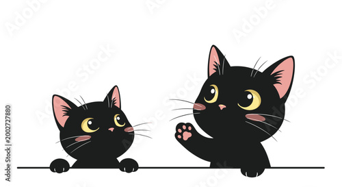 Pair of curious black kittens peeking over a straight horizontal line with wide yellow eyes and playful expressions on a white background.