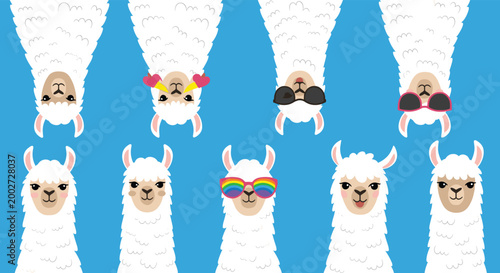 Playful pattern featuring numerous white llamas with some wearing colorful sunglasses and others positioned upside down on a bright blue background.