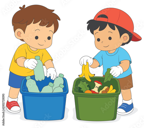 Kids sorting waste for recycling, children separating trash for environment concept