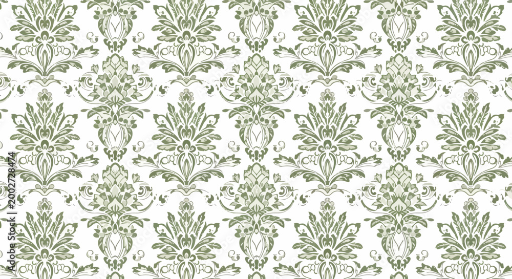 Fototapeta premium Decorative seamless damask wallpaper with ornate flowers and scroll accents