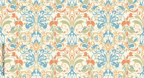 Vintage seamless damask pattern with detailed flowers and elegant scrollwork