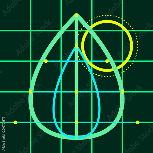 Abstract digital representation of sustainable green energy concepts using a leaf icon and neon grid