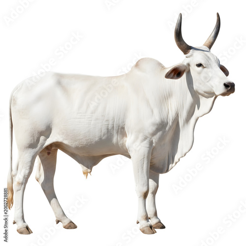 Full body portrait of a white zebu cow standing sideways isolated on transparent background