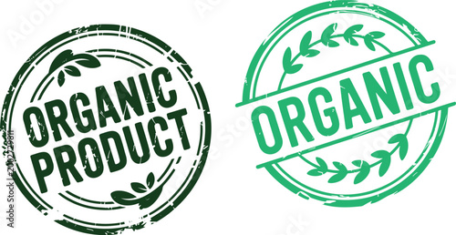 Green grunge style vector stamps indicating organic product certification and natural origin