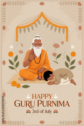 Illustration of a Guru Purnima poster in commemoration of the religious festival intended to honor the gurus practiced by Hindus, Sikhs, and Buddhists.