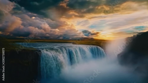 Endless loop video of a majestic waterfall at sunset, surrounded by mist and dramatic clouds — ideal for nature backgrounds, relaxation, or travel visuals
