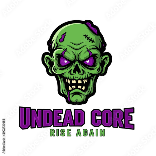 Green zombie head with purple eyes.