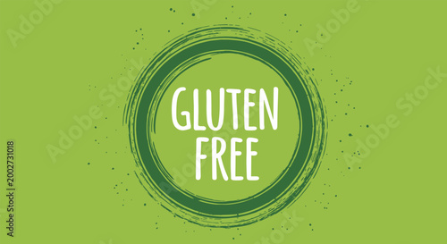 Green gluten free label or badge with a rustic circular brush stroke design and hand drawn typography on a solid lime background.