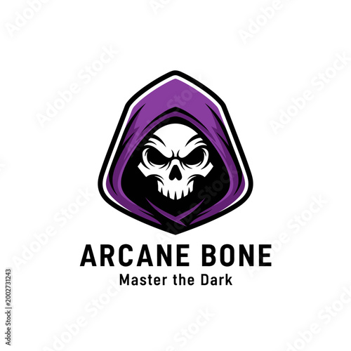 Skull in purple hooded figure logo.