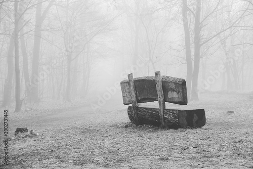 Bank im Nebel. Schwarz Weiß.