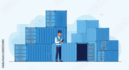 Logistics Worker Managing Blue Shipping Containers at a Port. Flat Vector Illustration for Global Trade and Supply Chain Concept.