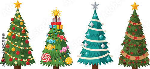 Four decorated green christmas trees with various ornaments and toppings evergreen baubles