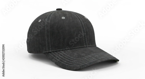 A realistic, gray baseball cap rests against a white background