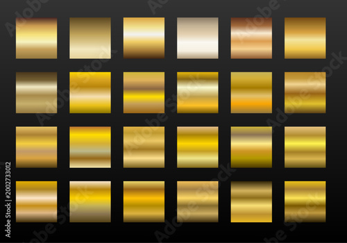Colección de muestras con degradados metálicos dorados sobre fondo oscuro