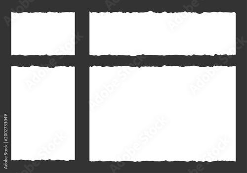 Obraz na płótnie Cuatro trozos de papel blanco con bordes rasgados sobre fondo gris oscuro dispue