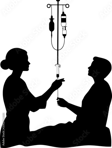 Medical Service Icon: Silhouette of Nurse Tending to a Bedridden Patient with IV Infusion